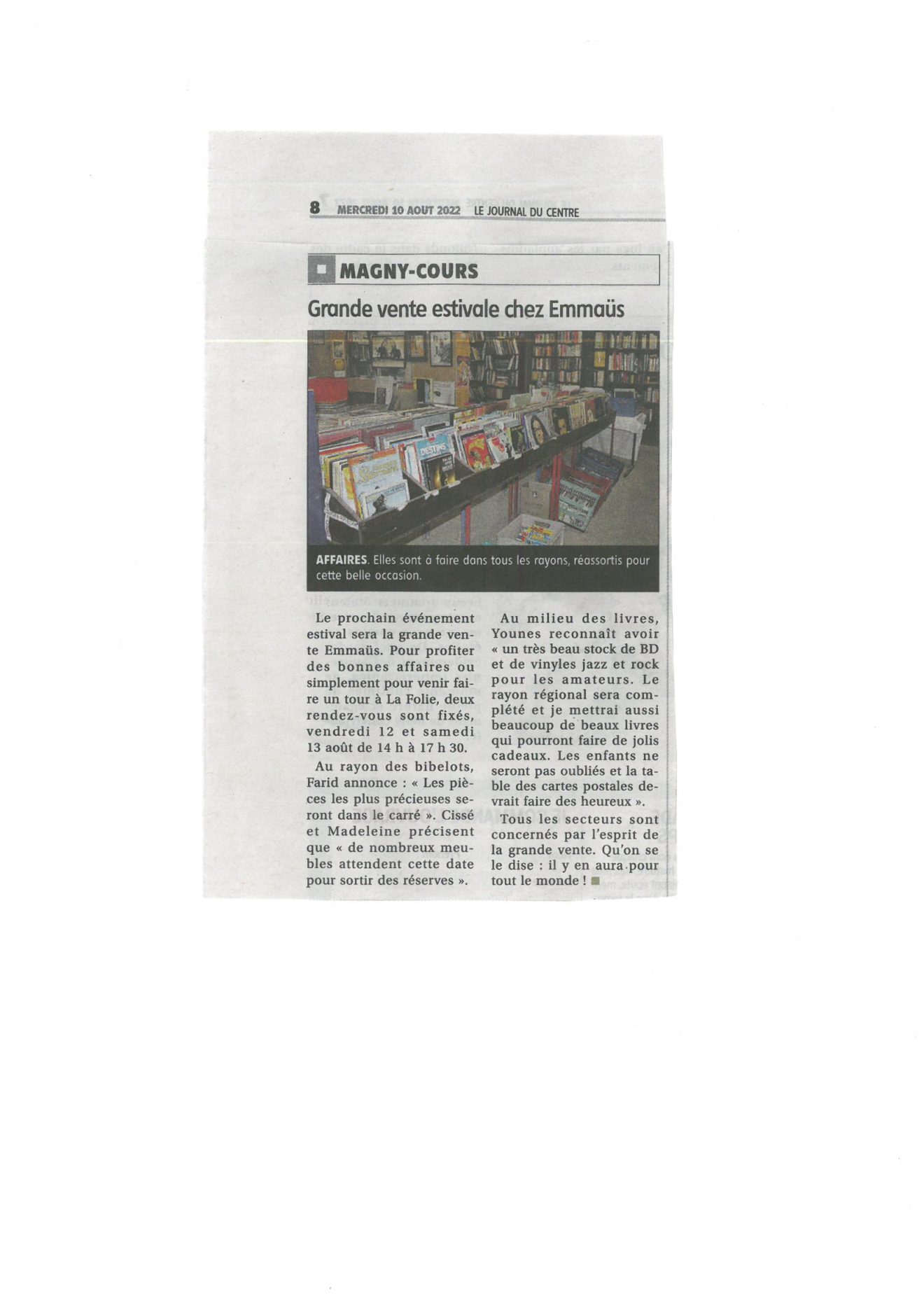 Journal du centre du 10/08/2022 Grande vente à MagnyCours 12 & 13 août 2022 Emmaüs Nièvre Journal du centre du 10/08/2022 Grande vente à MagnyCours 12 & 13 août 2022 Emmaüs Nièvre